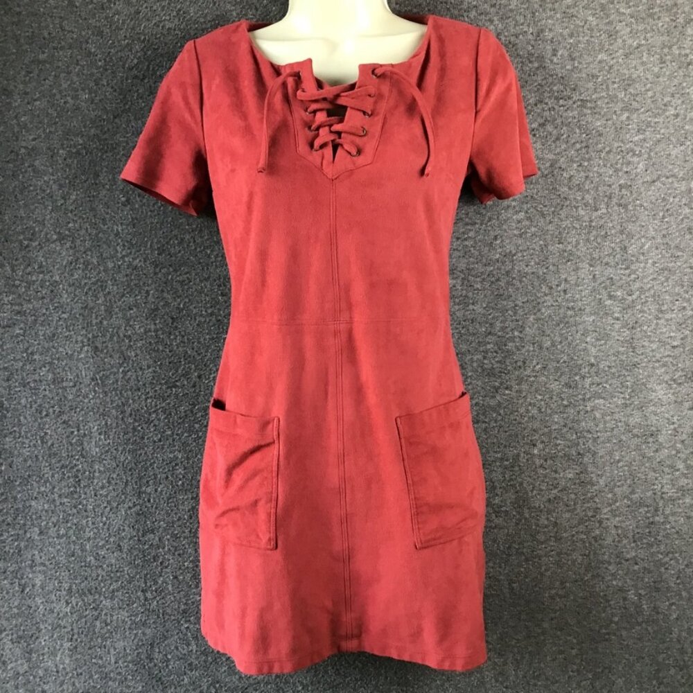 Vintage Hollister Raspberry Lace Up Short Sleeve 2 Pocket Faux Suede Dress Sz XS